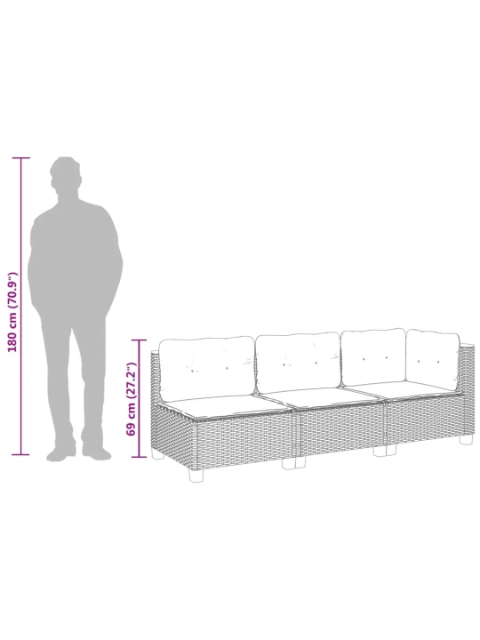 Trivietė sodo sofa su pagalvėlėmis, juodos spalvos, poliratanas