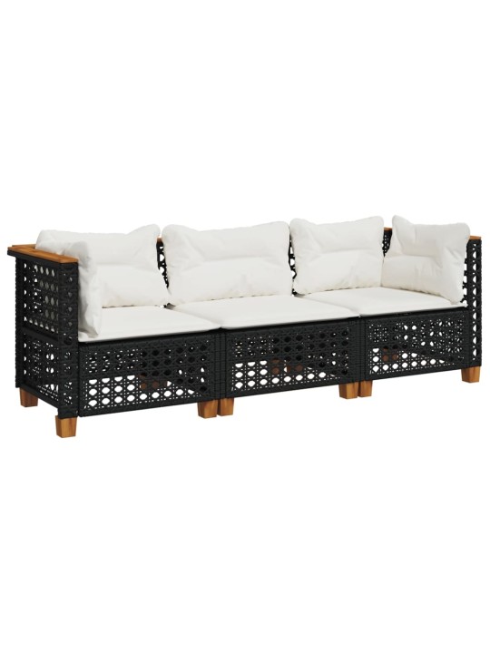 Trivietė sodo sofa su pagalvėlėmis, juodos spalvos, poliratanas