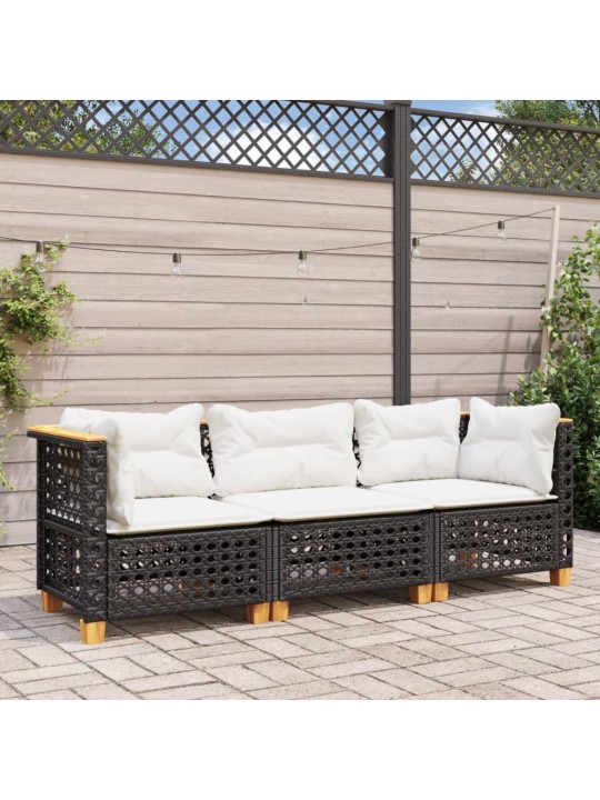 Trivietė sodo sofa su pagalvėlėmis, juodos spalvos, poliratanas