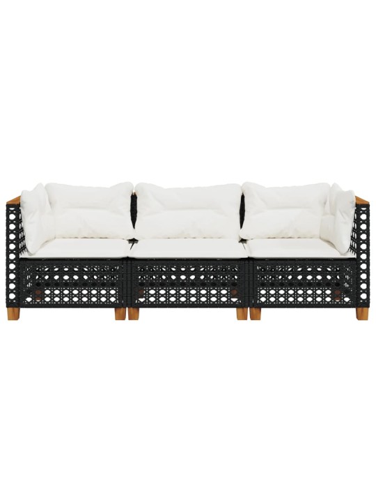 Trivietė sodo sofa su pagalvėlėmis, juodos spalvos, poliratanas