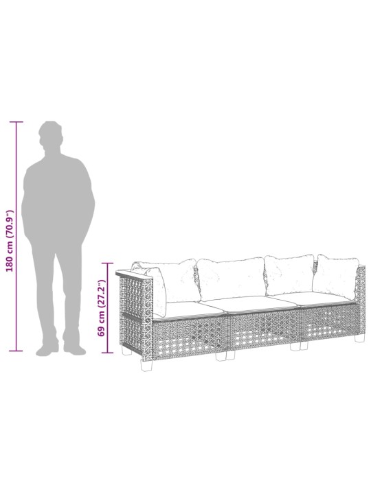Trivietė sodo sofa su pagalvėlėmis, juodos spalvos, poliratanas