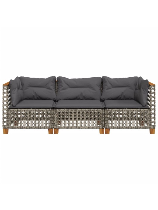 Trivietė sodo sofa su pagalvėlėmis, pilkos spalvos, poliratanas