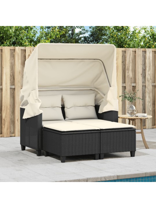 Dvivietė sodo sofa su skliautu/taburetėmis, juoda, poliratanas