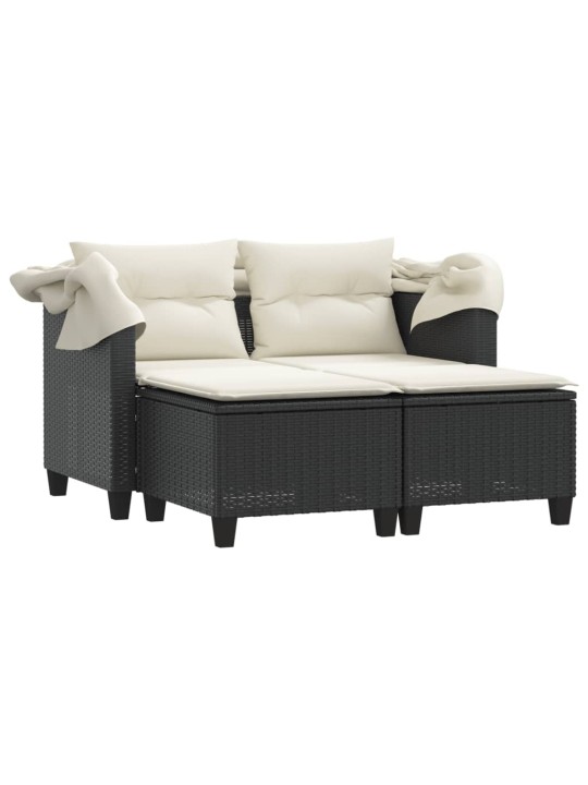 Dvivietė sodo sofa su skliautu/taburetėmis, juoda, poliratanas
