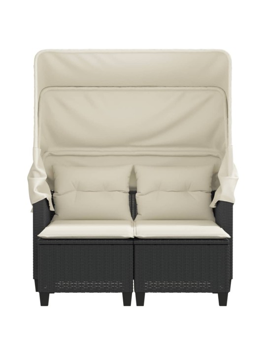 Dvivietė sodo sofa su skliautu/taburetėmis, juoda, poliratanas