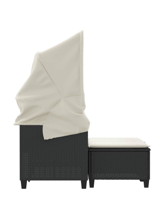 Dvivietė sodo sofa su skliautu/taburetėmis, juoda, poliratanas