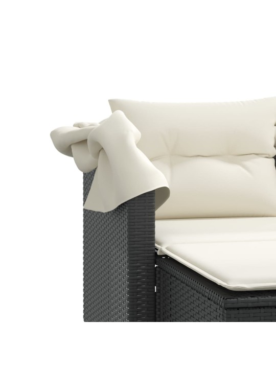 Dvivietė sodo sofa su skliautu/taburetėmis, juoda, poliratanas