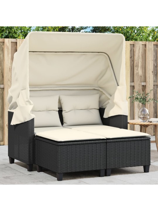 Dvivietė sodo sofa su skliautu/taburetėmis, juoda, poliratanas