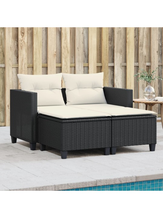 Dvivietė sodo sofa su taburetėmis, juodos spalvos, poliratanas