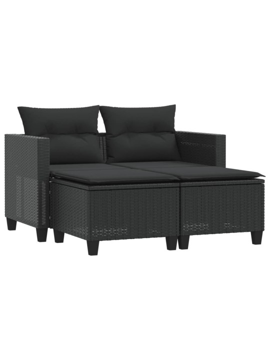 Dvivietė sodo sofa su taburetėmis, juodos spalvos, poliratanas