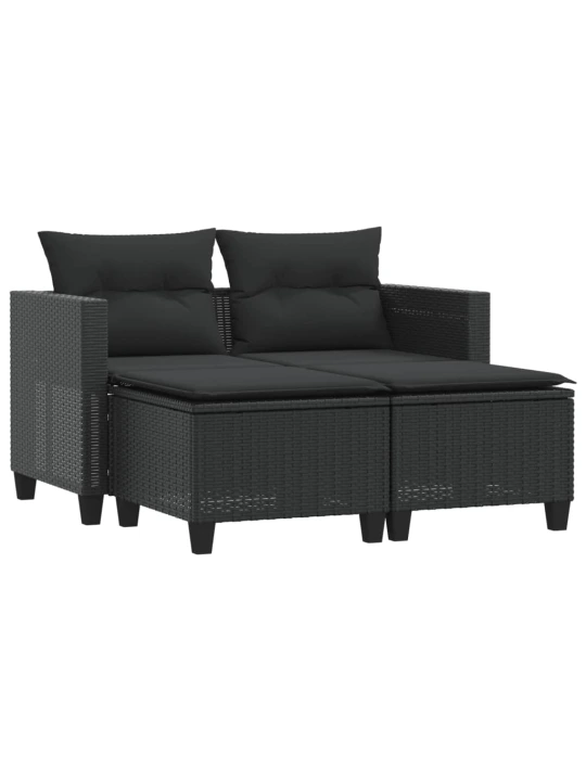 Dvivietė sodo sofa su taburetėmis, juodos spalvos, poliratanas