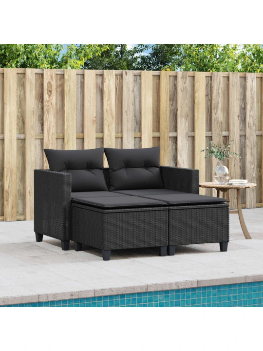 Dvivietė sodo sofa su taburetėmis, juodos spalvos, poliratanas