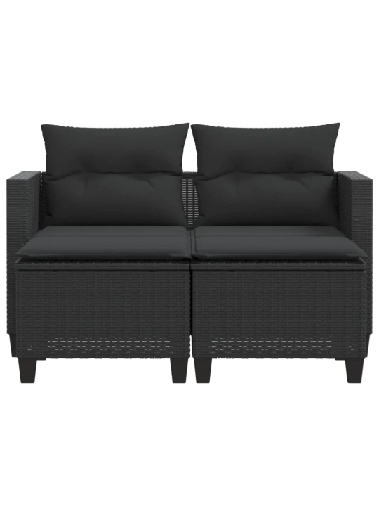 Dvivietė sodo sofa su taburetėmis, juodos spalvos, poliratanas