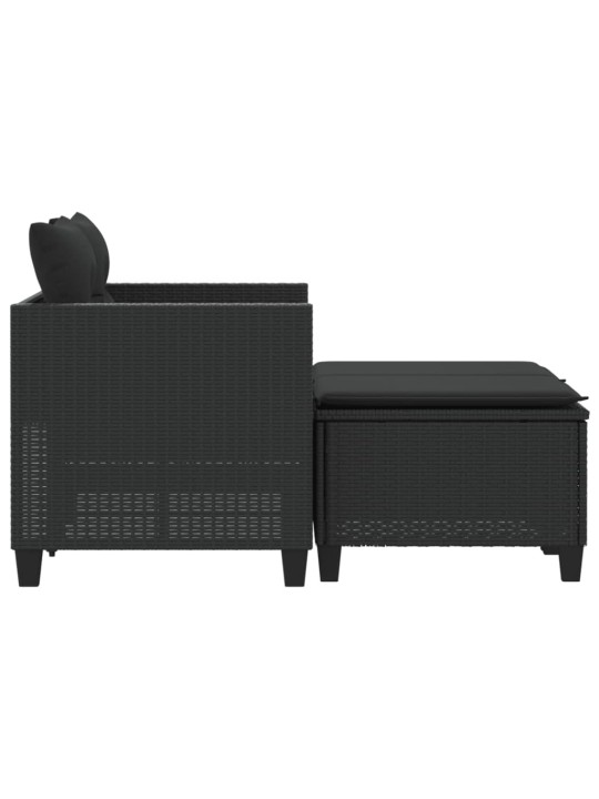 Dvivietė sodo sofa su taburetėmis, juodos spalvos, poliratanas