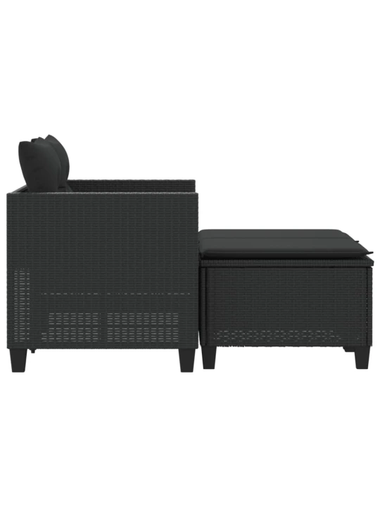 Dvivietė sodo sofa su taburetėmis, juodos spalvos, poliratanas
