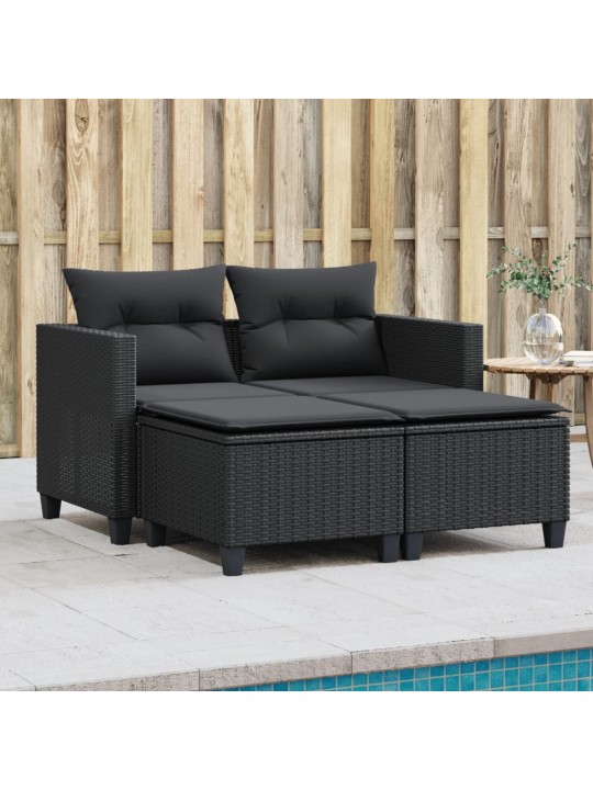 Dvivietė sodo sofa su taburetėmis, juodos spalvos, poliratanas