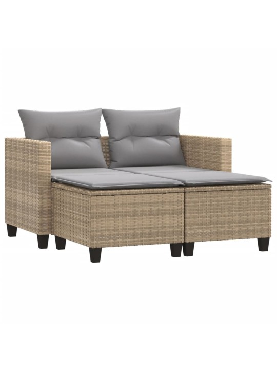 Dvivietė sodo sofa su taburetėmis, smėlio spalvos, poliratanas