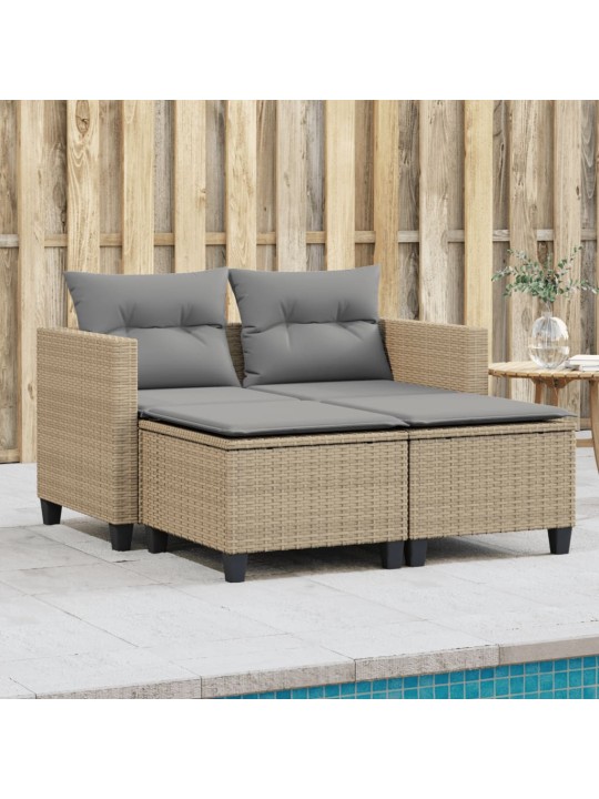 Dvivietė sodo sofa su taburetėmis, smėlio spalvos, poliratanas