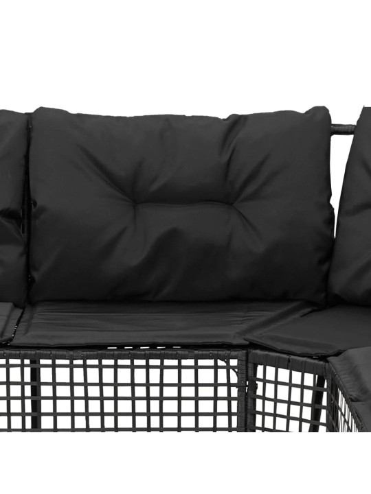 Sodo sofa su pagalvėlėmis ir pakojomis, juoda, poliratanas