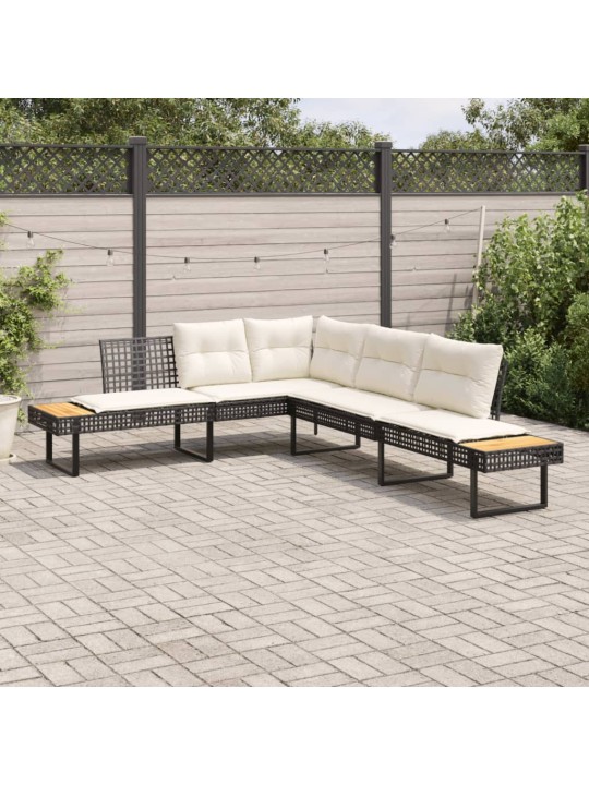 Sodo sofa su pagalvėlėmis, juoda, poliratanas/akacija, L formos