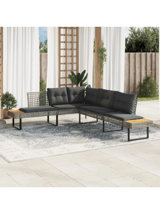 Sodo sofa su pagalvėlėmis, pilka, poliratanas/akacija, L formos