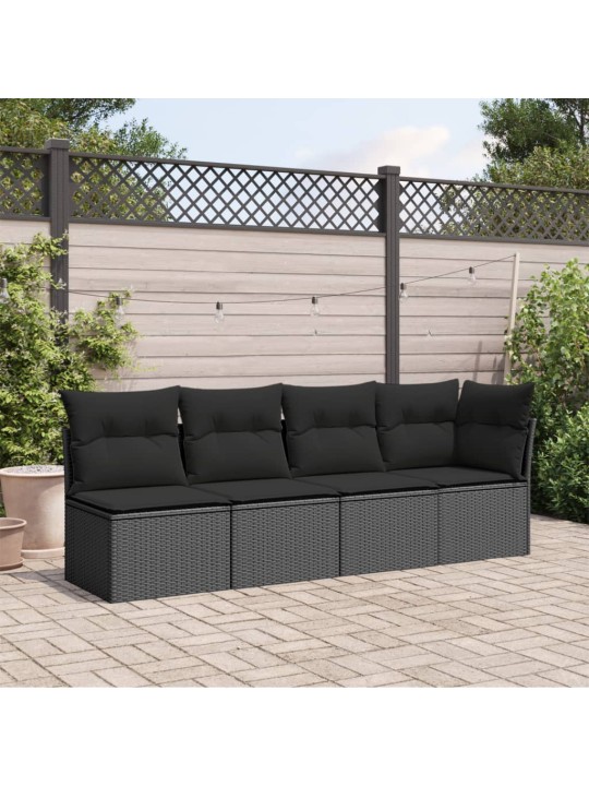 Keturvietė sodo sofa su pagalvėlėmis, juoda, poliratanas