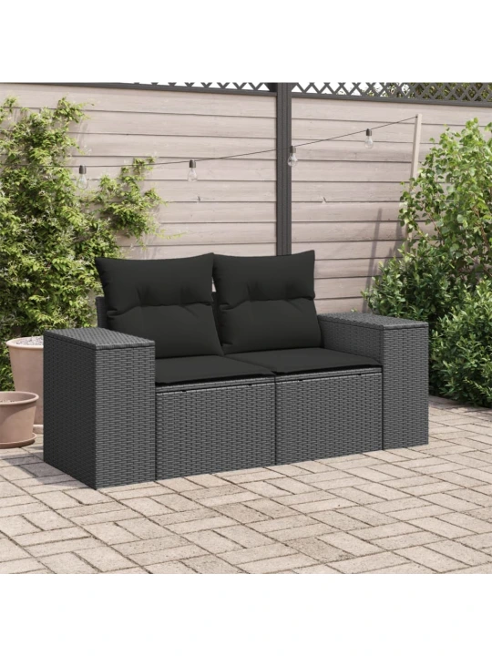 Dvivietė sodo sofa su pagalvėlėmis, juodos spalvos, poliratanas