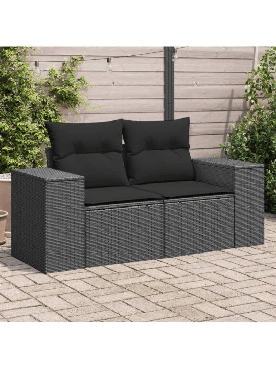 Dvivietė sodo sofa su pagalvėlėmis, juodos spalvos, poliratanas