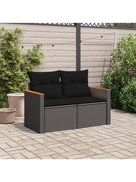 Dvivietė sodo sofa su pagalvėlėmis, juodos spalvos, poliratanas