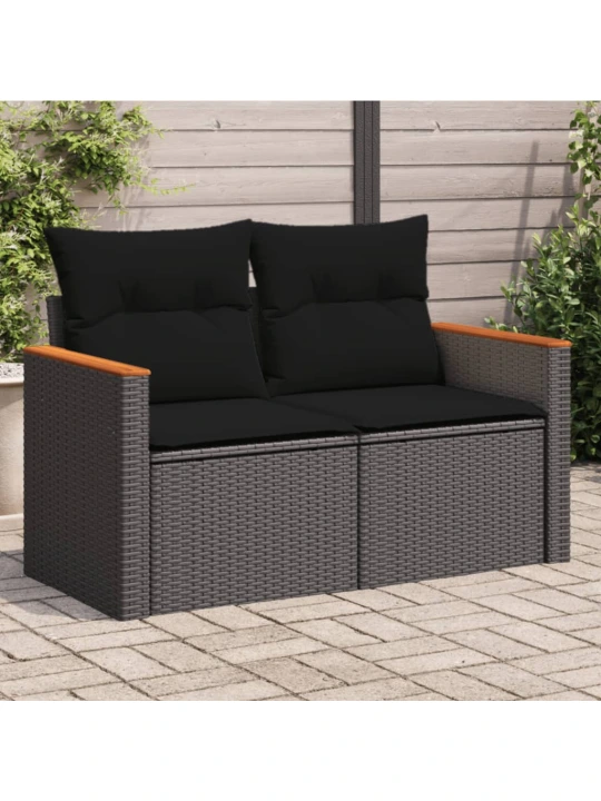 Dvivietė sodo sofa su pagalvėlėmis, juodos spalvos, poliratanas
