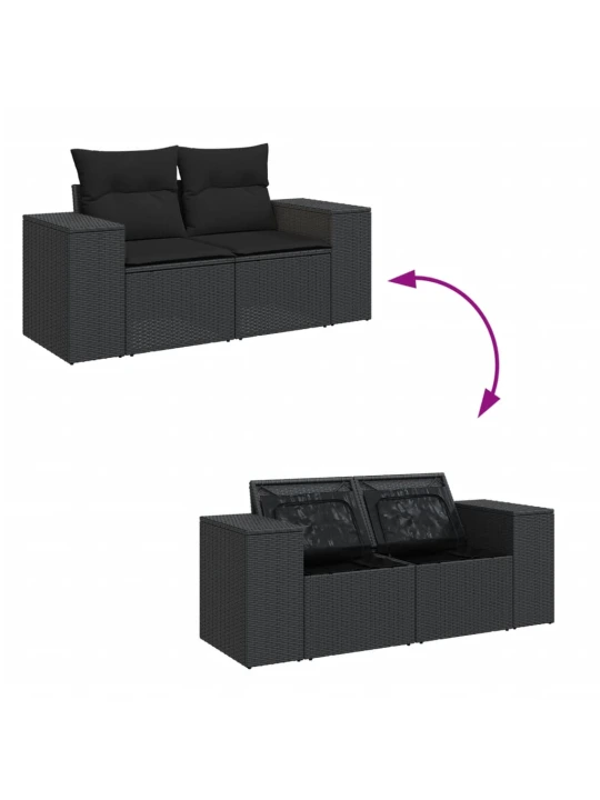 Dvivietė sodo sofa su pagalvėlėmis, juodos spalvos, poliratanas