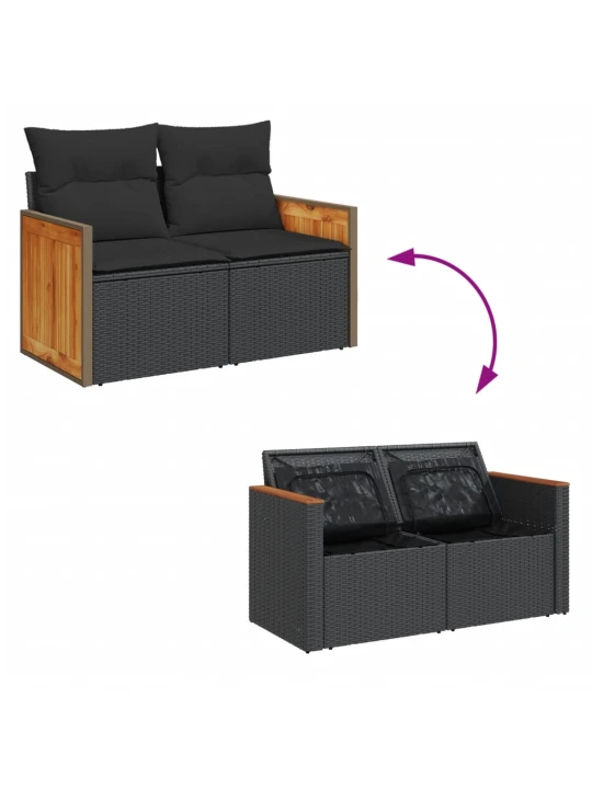 Dvivietė sodo sofa su pagalvėlėmis, juodos spalvos, poliratanas