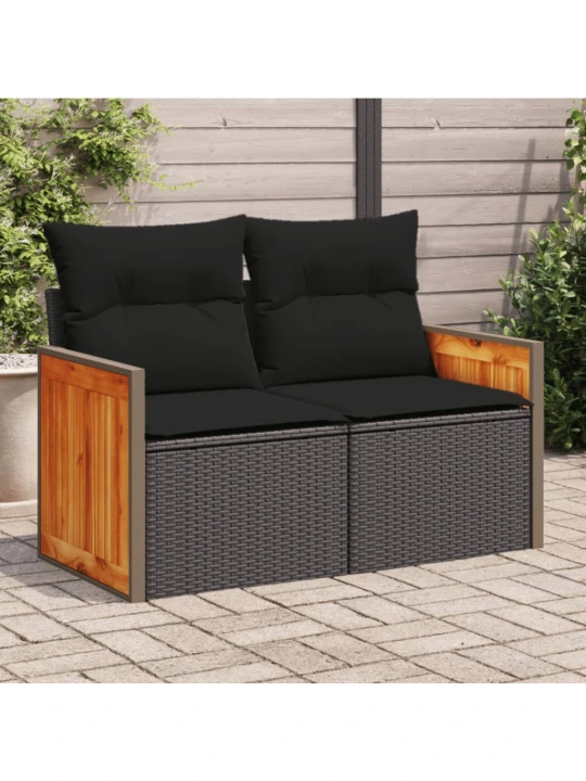 Dvivietė sodo sofa su pagalvėlėmis, juodos spalvos, poliratanas