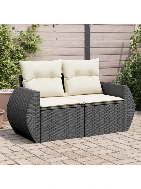 Dvivietė sodo sofa su pagalvėlėmis, juodos spalvos, poliratanas