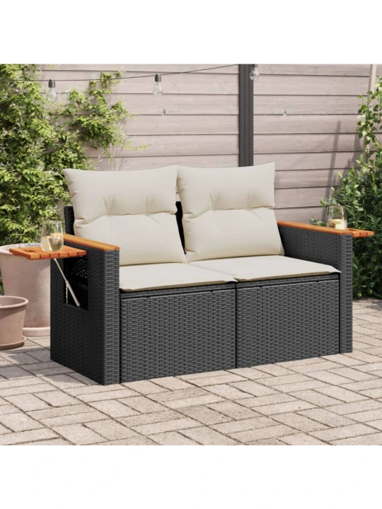 Dvivietė sodo sofa su pagalvėlėmis, juodos spalvos, poliratanas