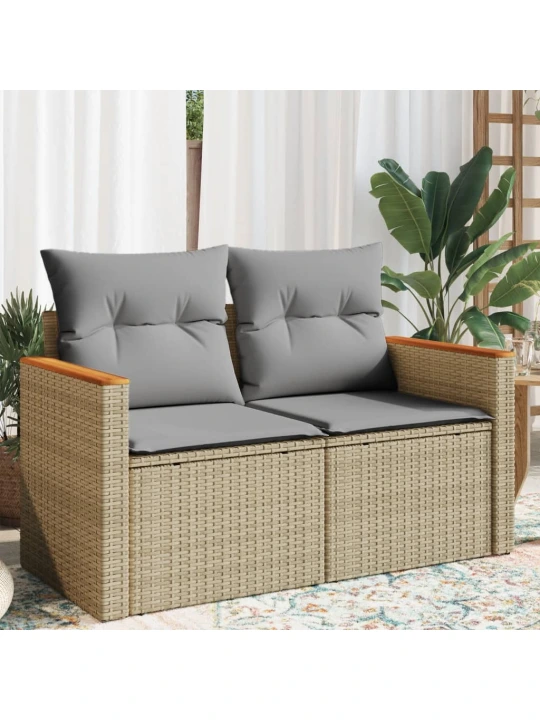 Dvivietė sodo sofa su pagalvėlėmis, smėlio spalvos, poliratanas
