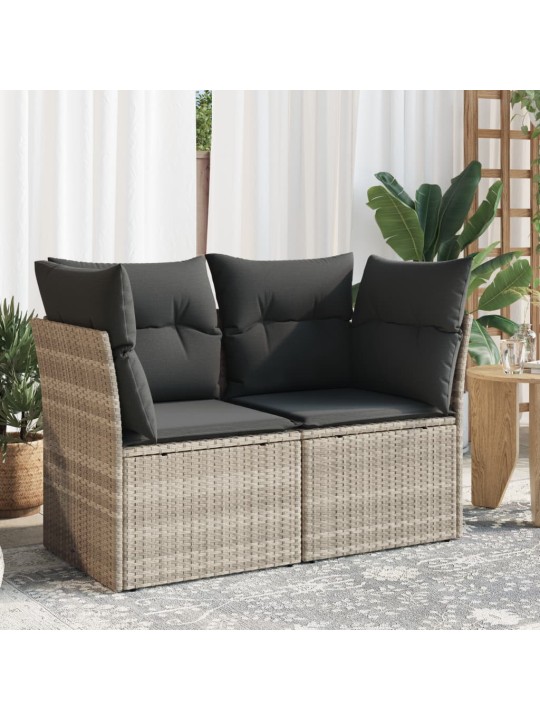 Dvivietė sodo sofa su pagalvėlėmis, šviesiai pilka, poliratanas