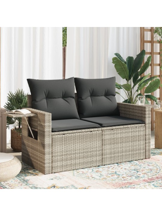Dvivietė sodo sofa su pagalvėlėmis, šviesiai pilka, poliratanas