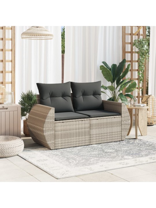 Dvivietė sodo sofa su pagalvėlėmis, šviesiai pilka, poliratanas