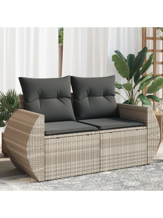 Dvivietė sodo sofa su pagalvėlėmis, šviesiai pilka, poliratanas