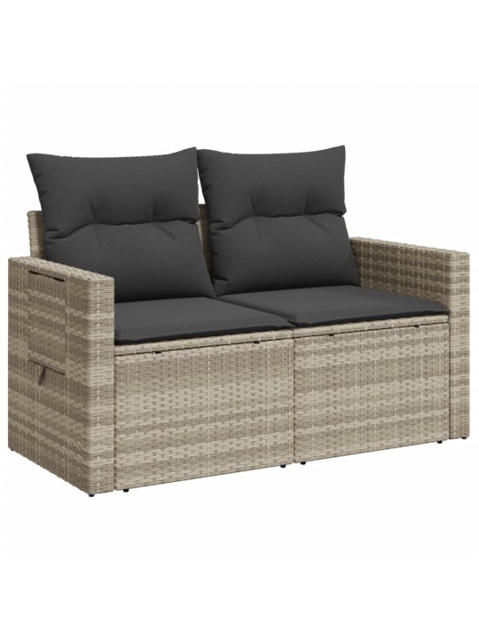 Dvivietė sodo sofa su pagalvėlėmis, šviesiai pilka, poliratanas