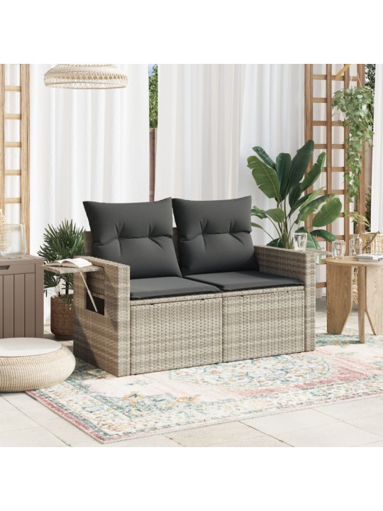 Dvivietė sodo sofa su pagalvėlėmis, šviesiai pilka, poliratanas