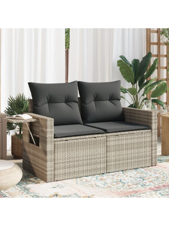 Dvivietė sodo sofa su pagalvėlėmis, šviesiai pilka, poliratanas