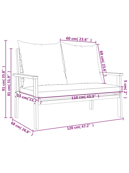 Sodo sofa-suoliukas su pagalvėlėmis, 120cm, akacijos masyvas