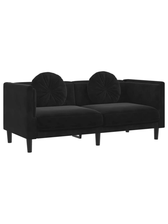 Dvivietė sofa su pagalvėlėmis, juodos spalvos, aksomas