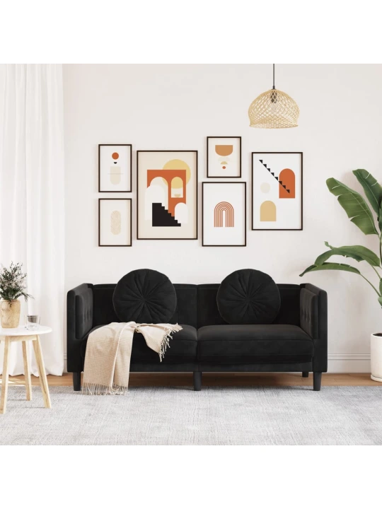 Dvivietė sofa su pagalvėlėmis, juodos spalvos, aksomas