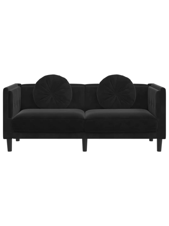Dvivietė sofa su pagalvėlėmis, juodos spalvos, aksomas