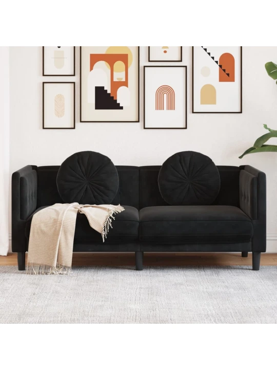 Dvivietė sofa su pagalvėlėmis, juodos spalvos, aksomas