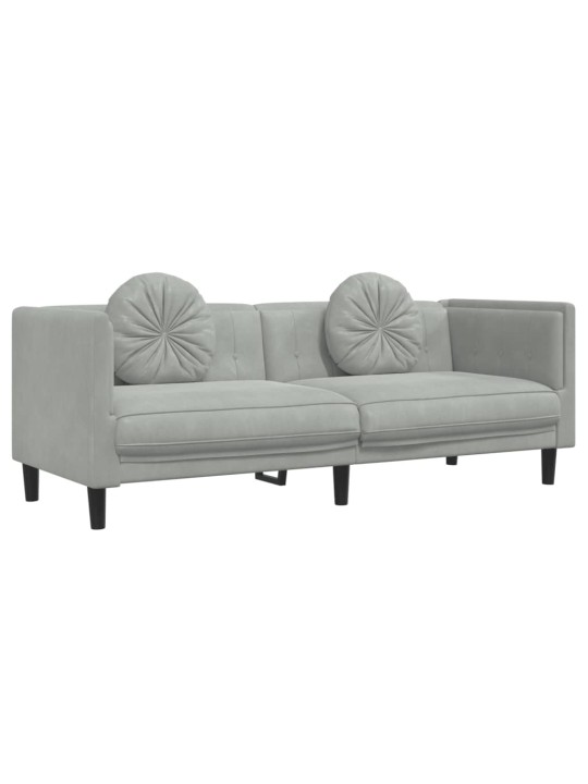 Trivietė sofa su pagalvėlėmis, šviesiai pilkos spalvos, aksomas