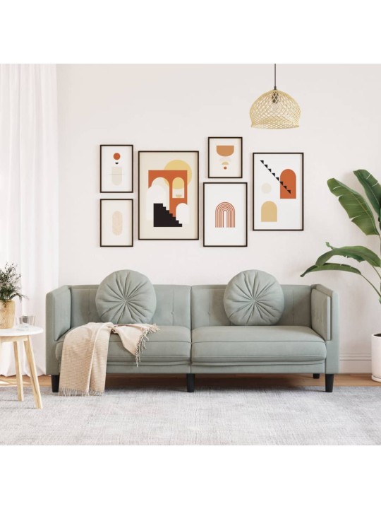Trivietė sofa su pagalvėlėmis, šviesiai pilkos spalvos, aksomas